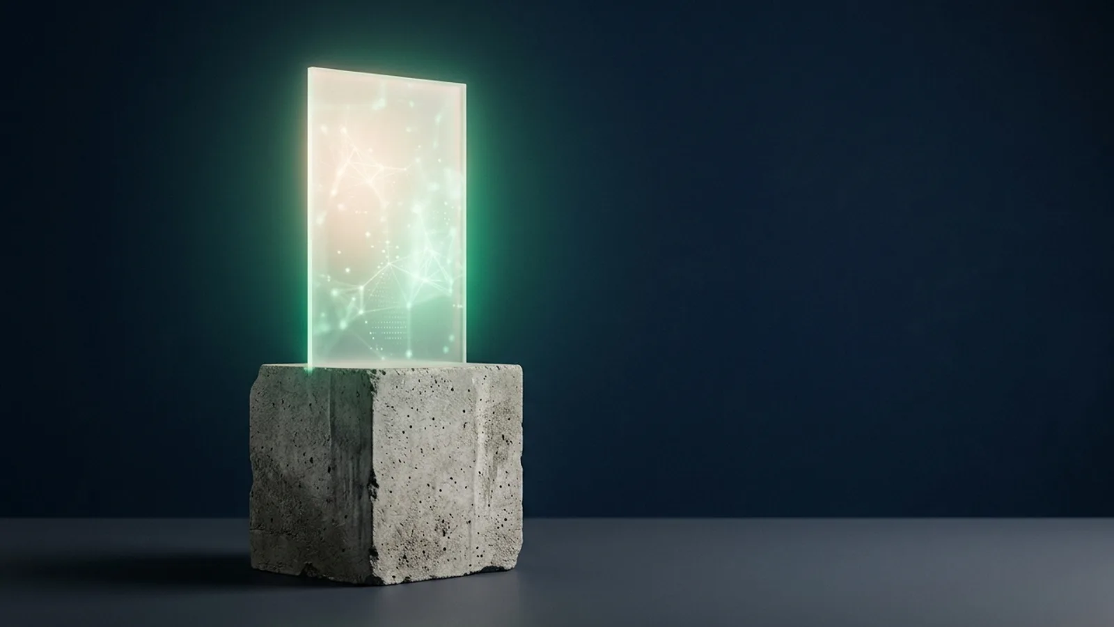 A glowing translucent search panel rising from a solid concrete foundation block